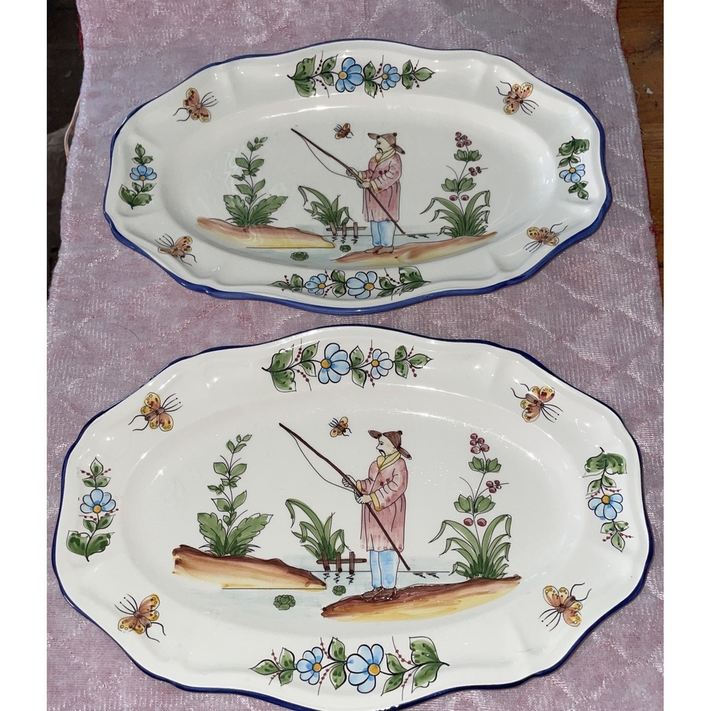 J. Willfred Charles Sadek Asian Themed Tray Fishing Flowers Butterflies Set Of 2